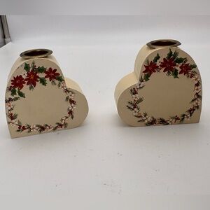 Vintage Pair of Heart-Shaped Candle Holders with Floral Design